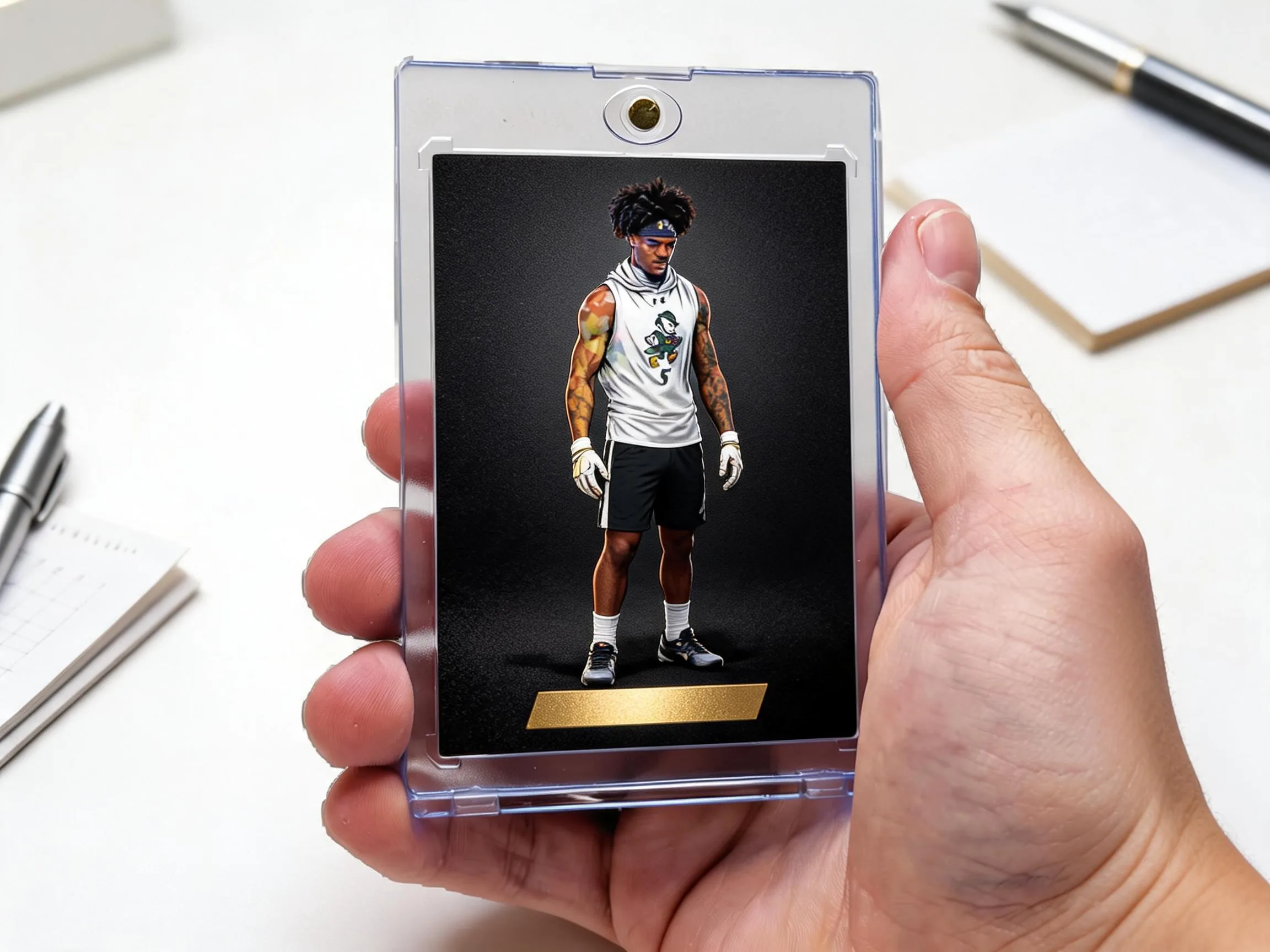 Custom keepsake trading card in a clear magnetic case displayed on a tabletop.