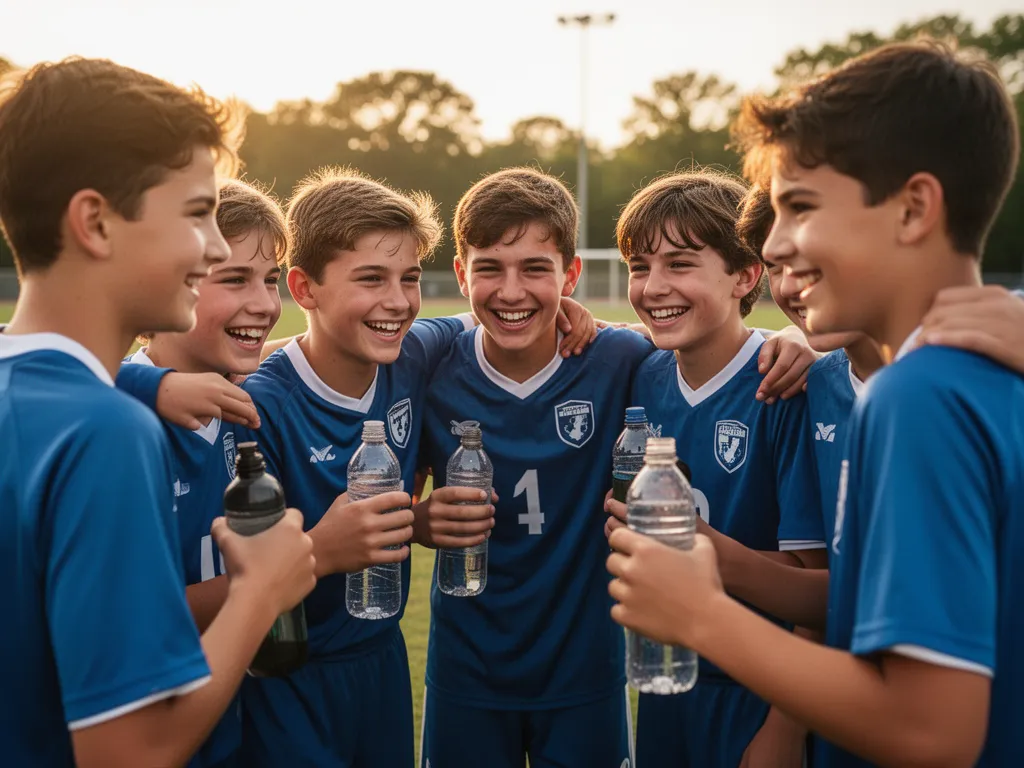 Youth sports team members huddled together smiling and celebrating after competition outdoors