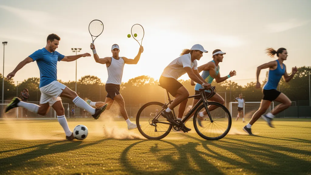Multiple athletes competing simultaneously in different sports with dynamic motion and natural outdoor lighting