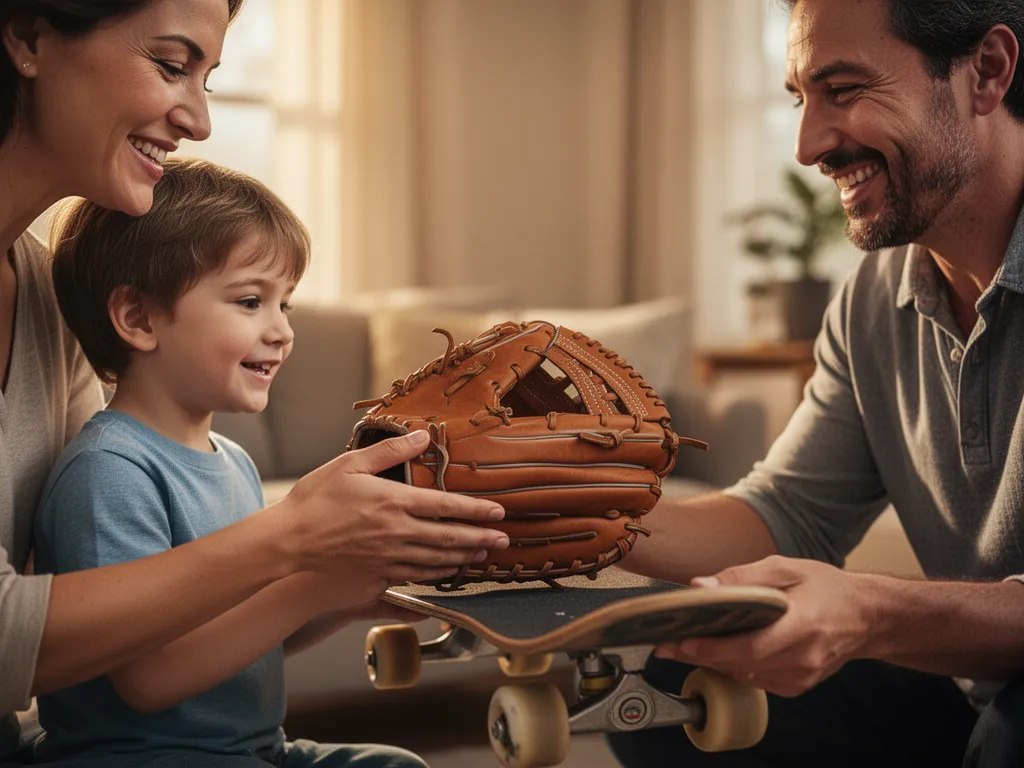 Parent and child sharing a joyful gift-giving moment with sports equipment between them