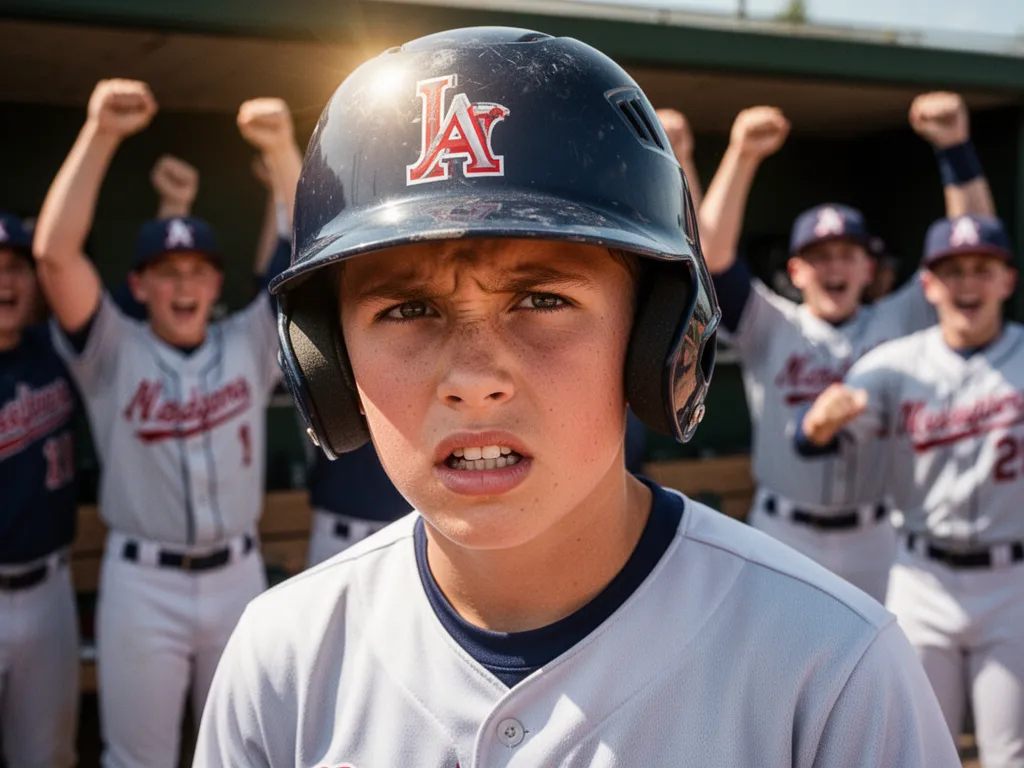 Young athlete's focused expression wearing baseball uniform with celebrating teammates behind