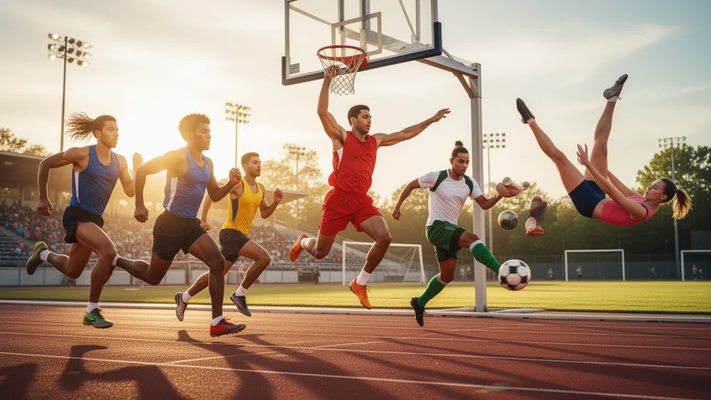 Multiple athletes from different sports competing simultaneously in outdoor natural lighting with dynamic motion and energy
