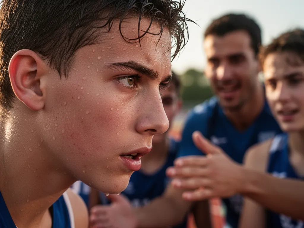 Young athlete's concentrated face during competition with supportive teammates blurred in background