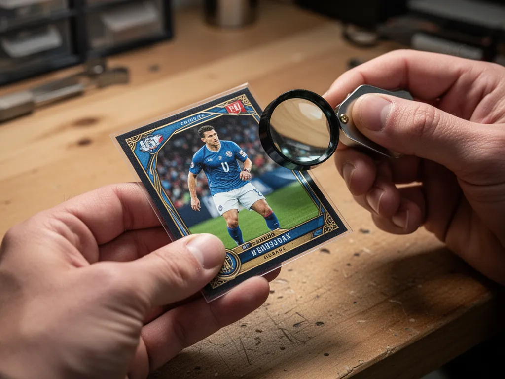Skilled grader's hands closely inspecting card condition details with magnifying loupe under professional studio lighting.