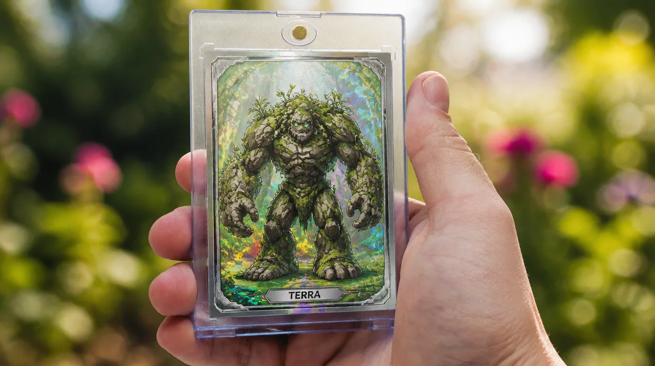 Custom creature trading card displayed in a one-touch magnetic case