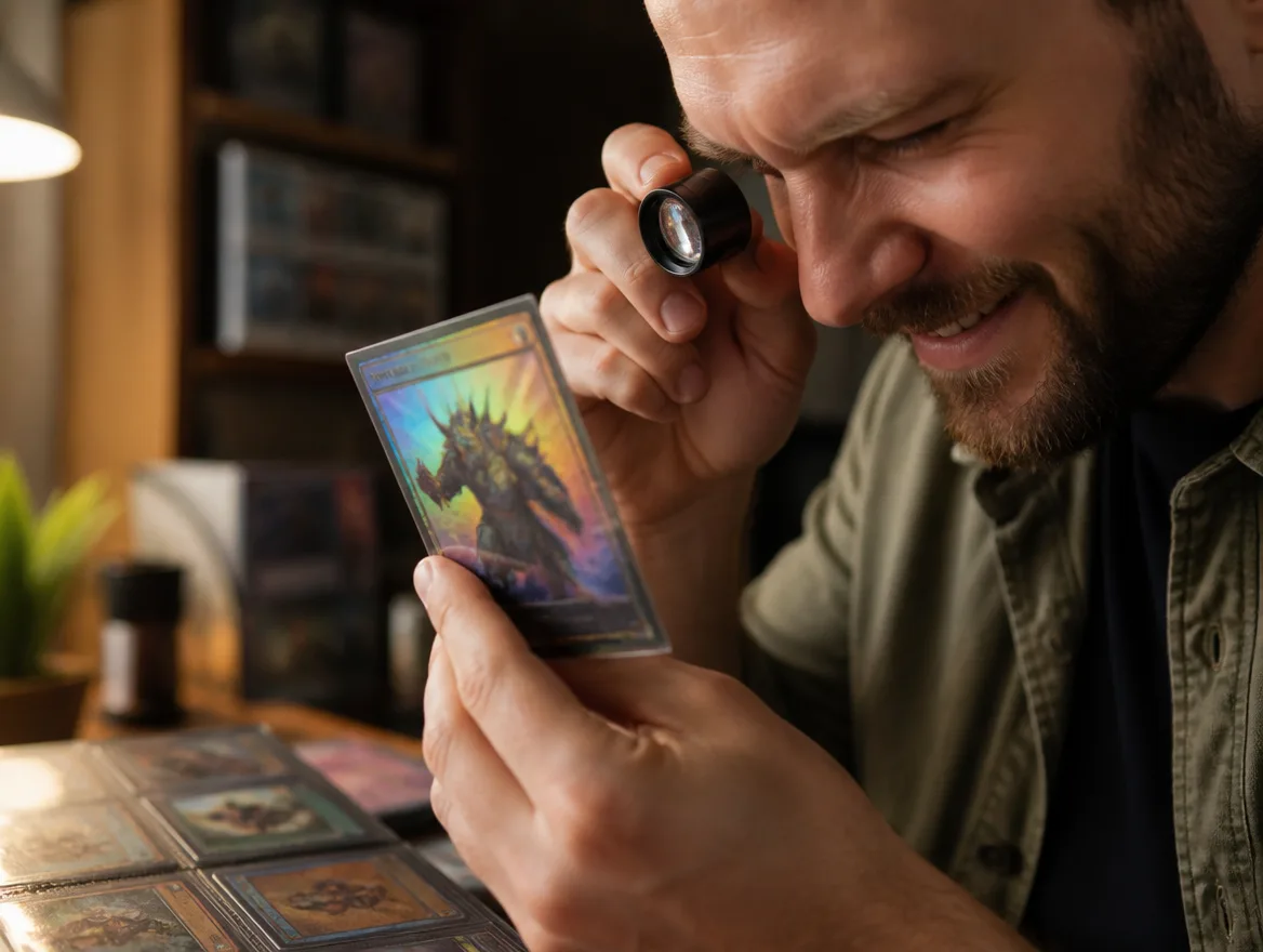 Collector examining a custom holographic creature card with a magnifier