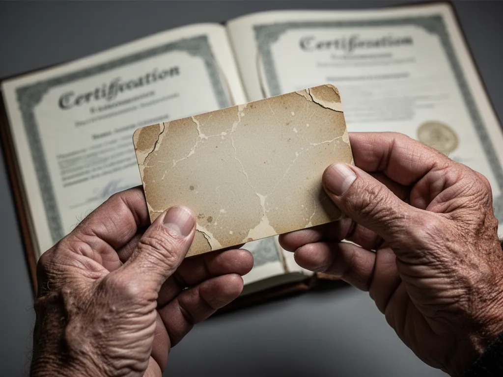 Collector's hands carefully holding a vintage card showing wear and condition details