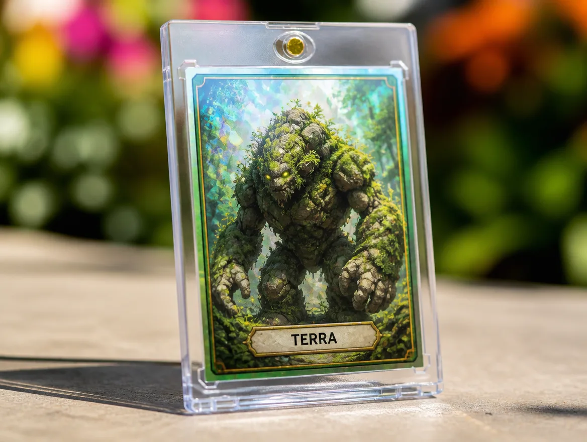 Custom creature trading card standing in a premium magnetic case