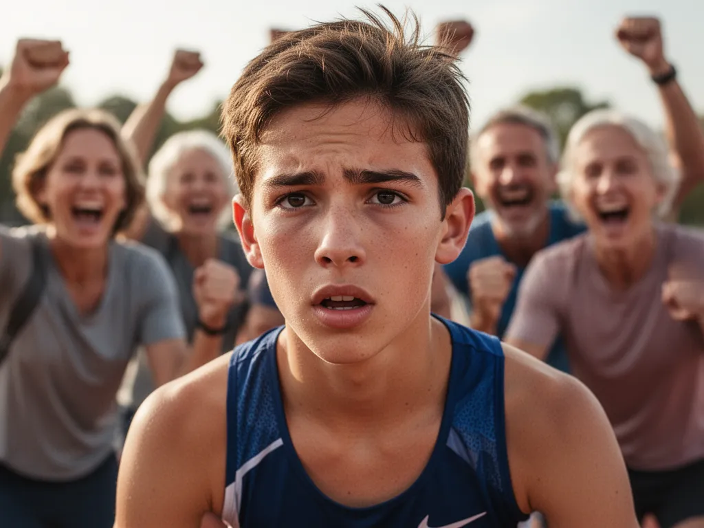 Young athlete concentrating intensely while family members celebrate supportively in background