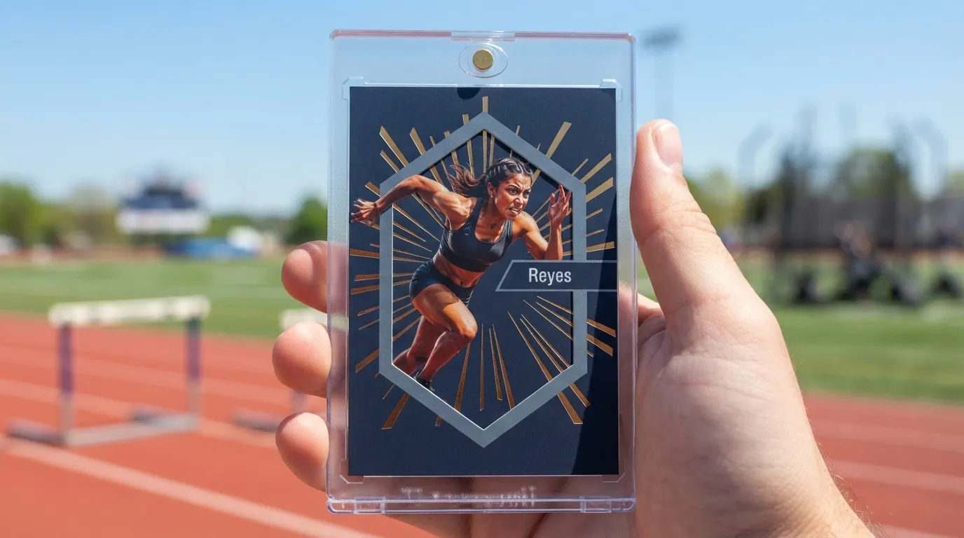 Hand holding magnetic case with graduation gifts for her sports card, gold foil burst design.
