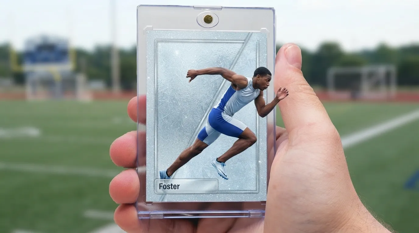 Hand holding magnetic case with icy blue sprinter card, a premium graduation gift for him.
