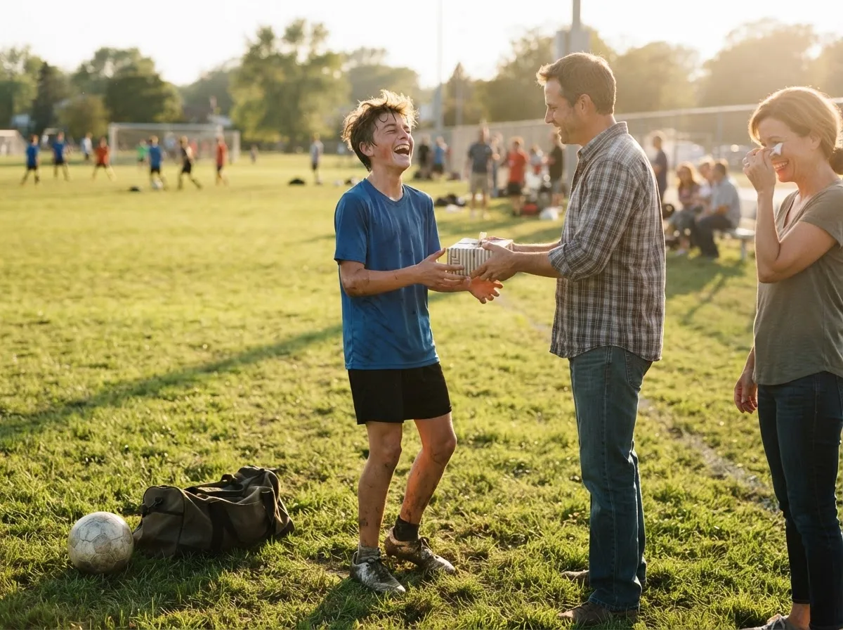 Father surprises laughing teen athlete with a graduation gift on a sunny soccer field.