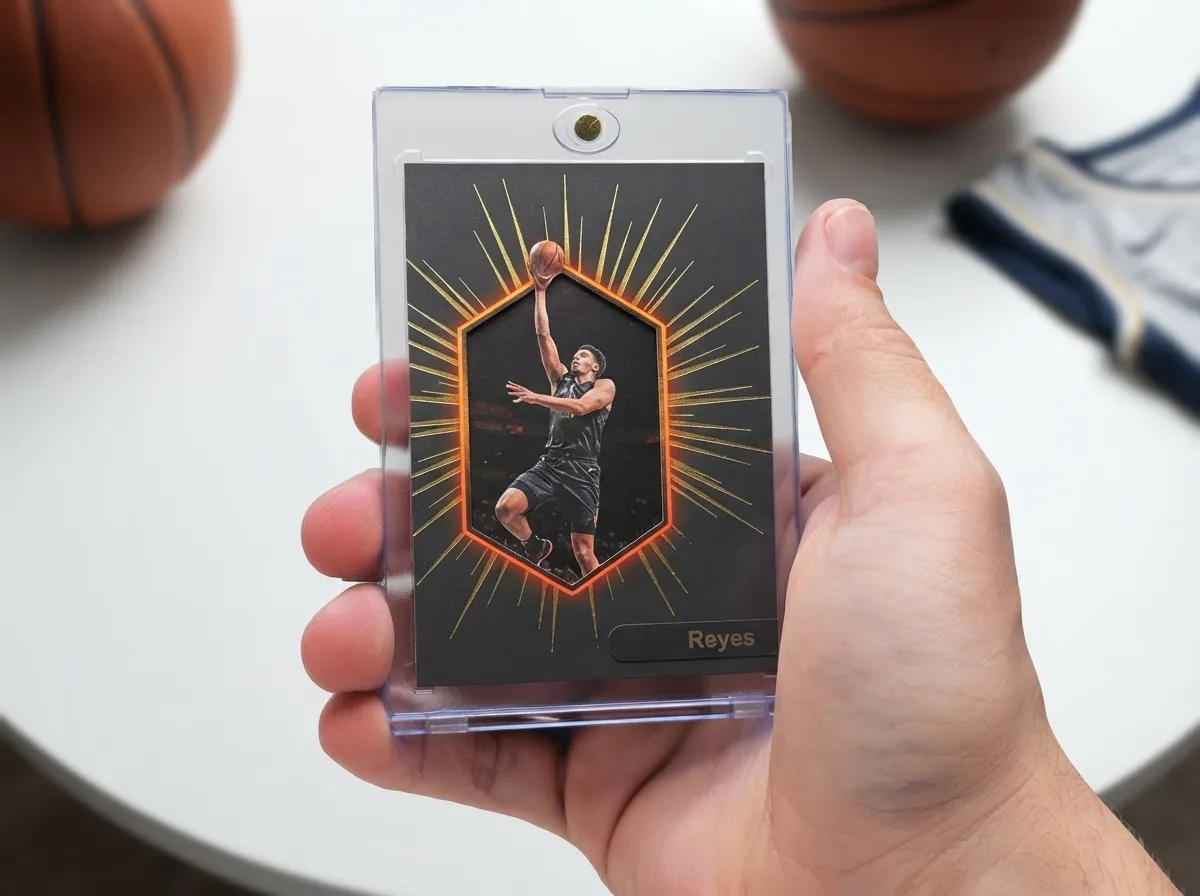 Magnetic case holding gold foil basketball trading card, a custom sports graduation gift.