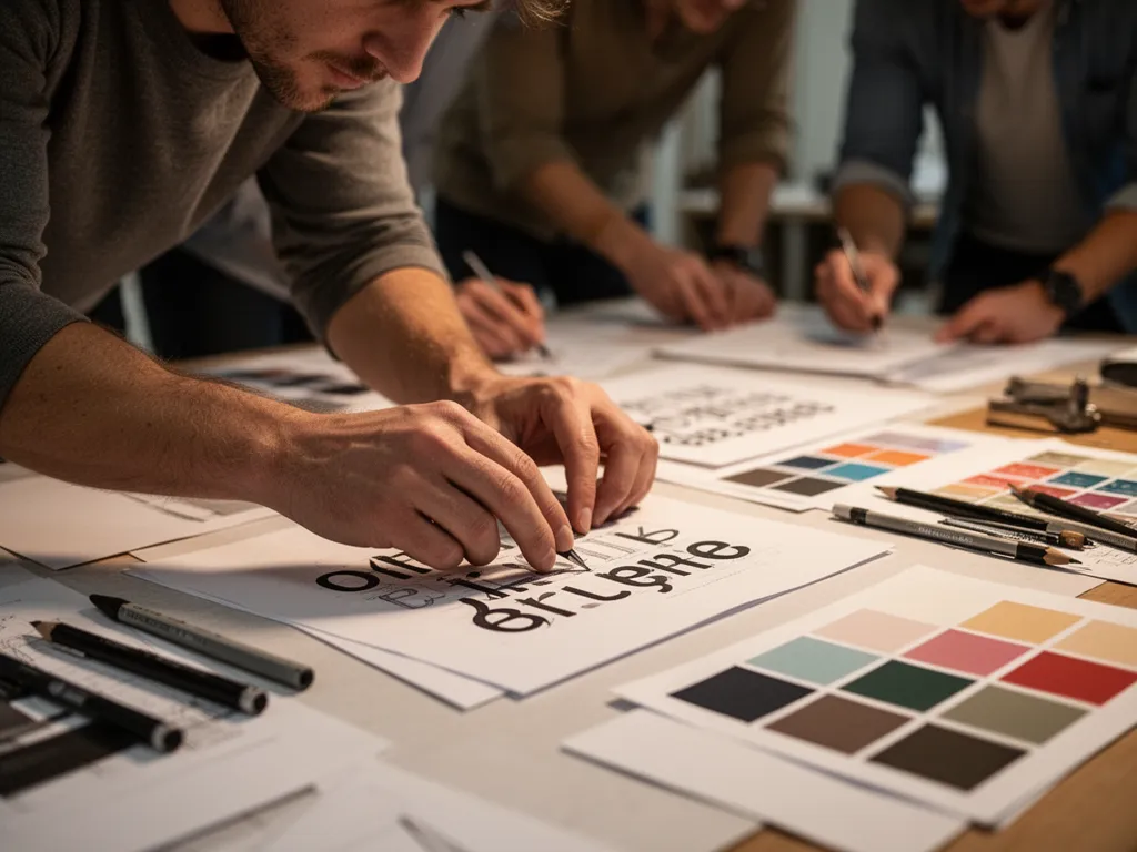 Designer's hands arranging typography and color swatches with team members collaborating in the blurred background