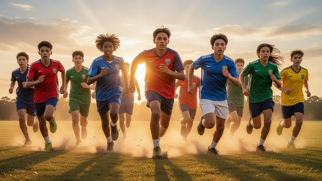 Young athletes running together in a field during golden hour sunlight with intense focus and motion.