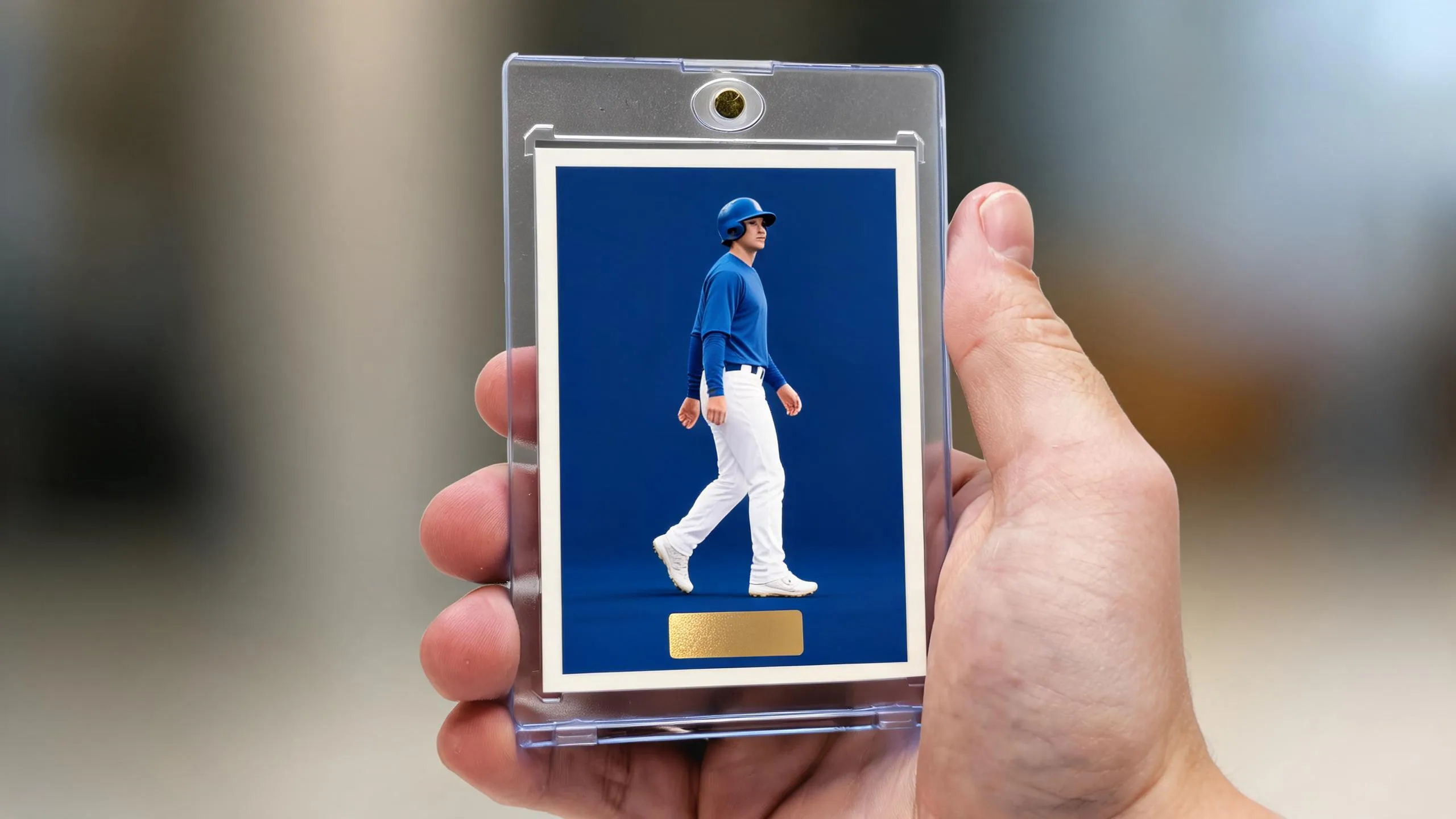 Hand holding magnetic case with premium athlete card, showcasing great fundraisers for sports teams.