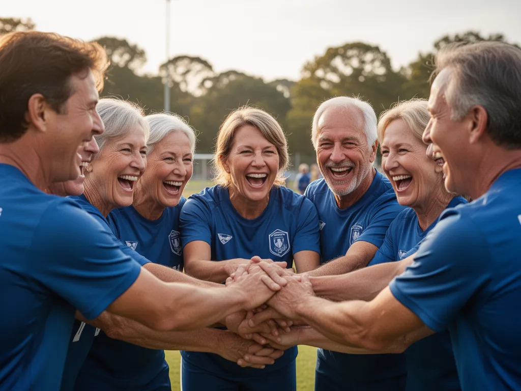 Teammates and parents huddled together smiling and celebrating with genuine joy and community spirit.