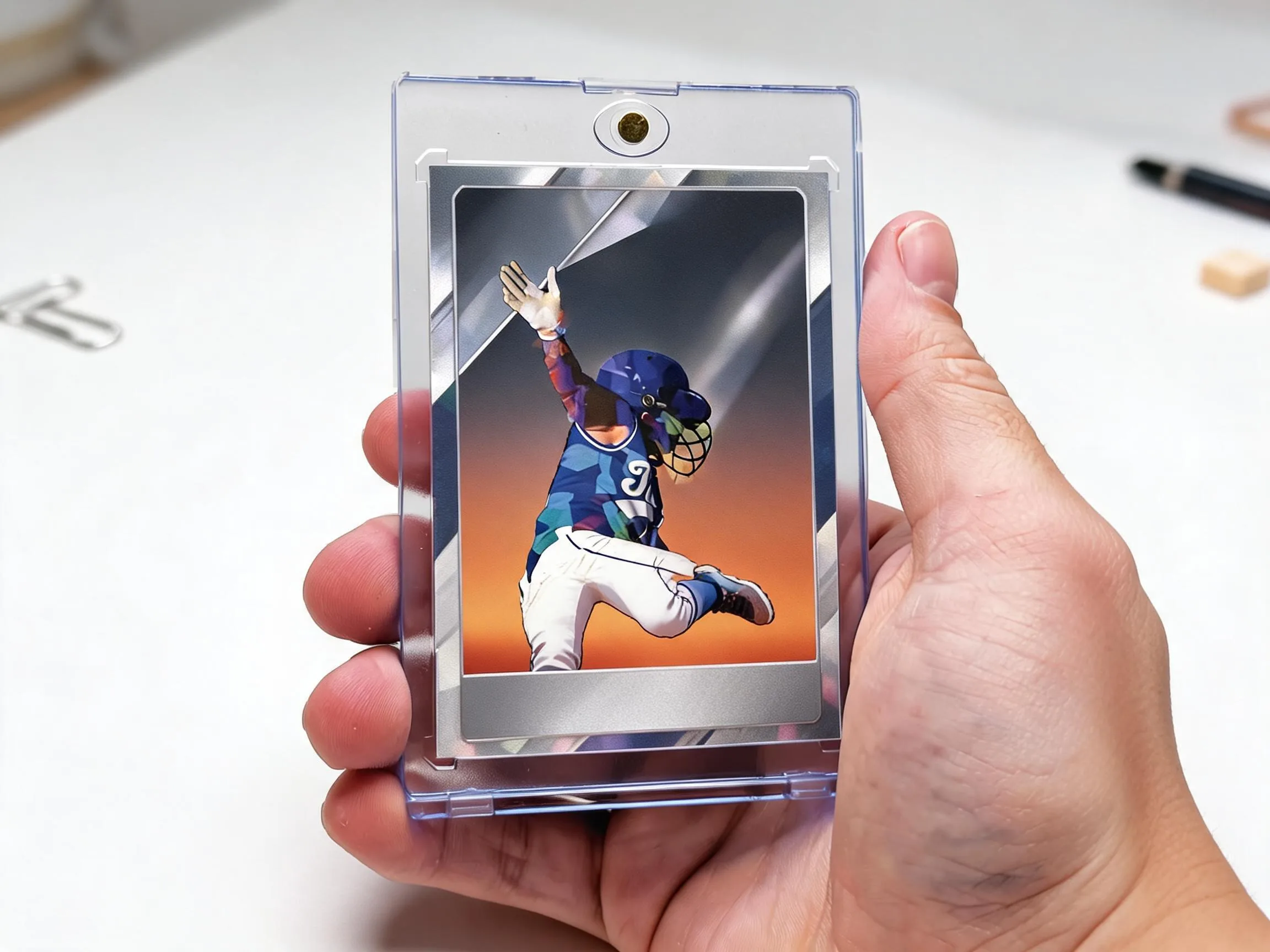 Hand holding custom keepsake trading card in magnetic case with chrome action-photo design.