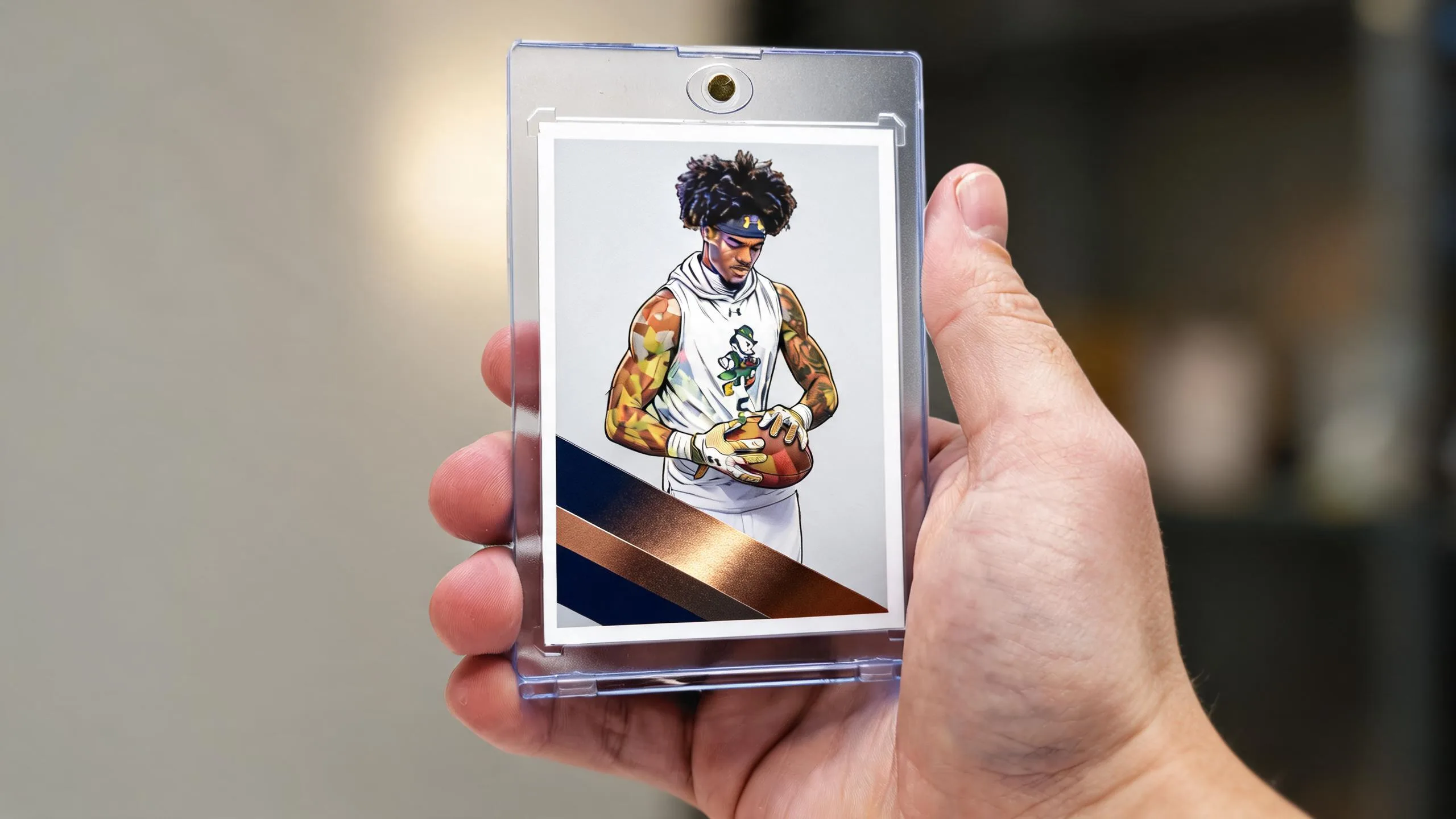 Hand holding magnetic case with premium athlete card, showing great fundraising ideas for sports teams.