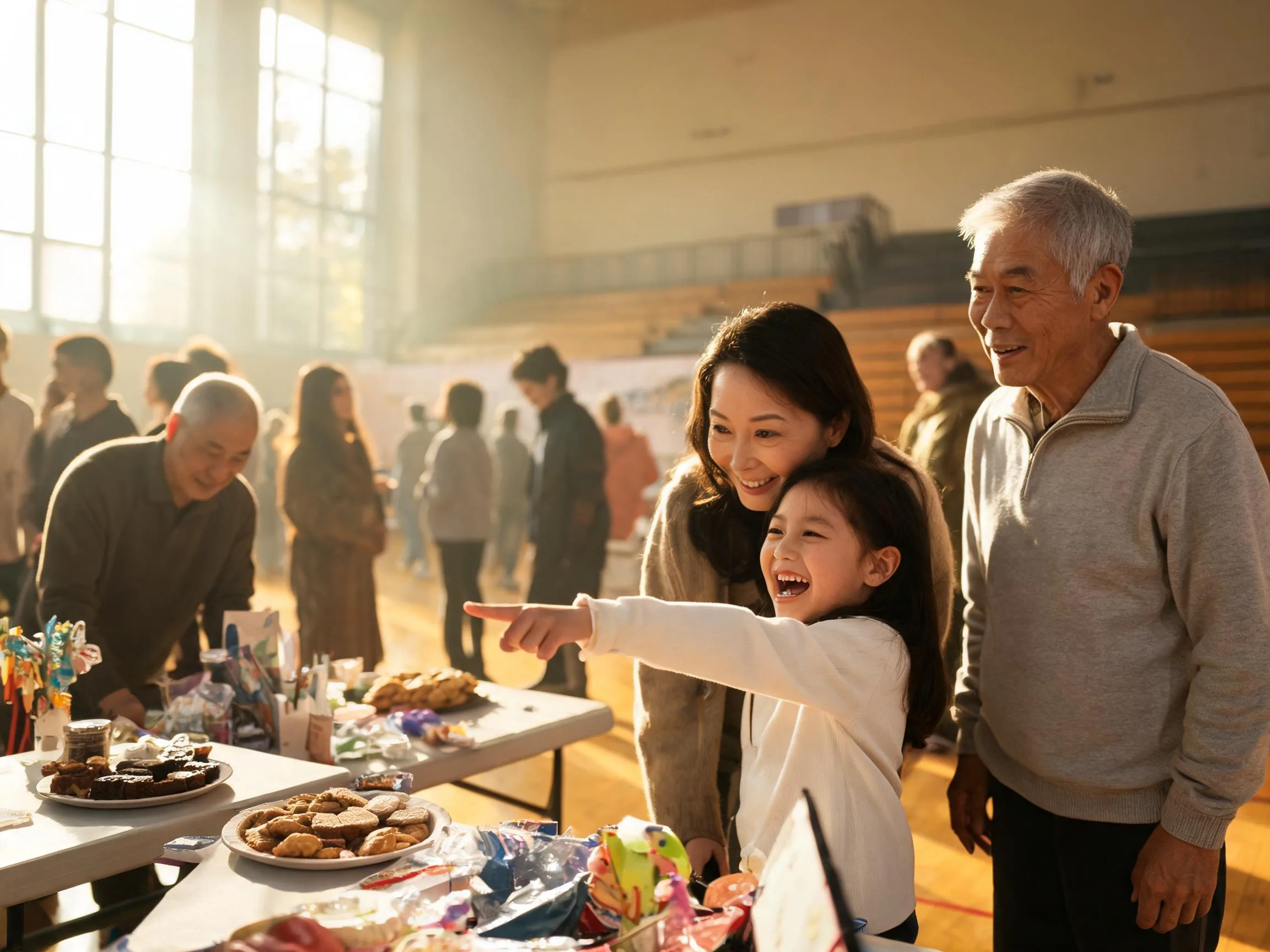 Families sharing a joyful moment browsing tables at a school fundraiser event.