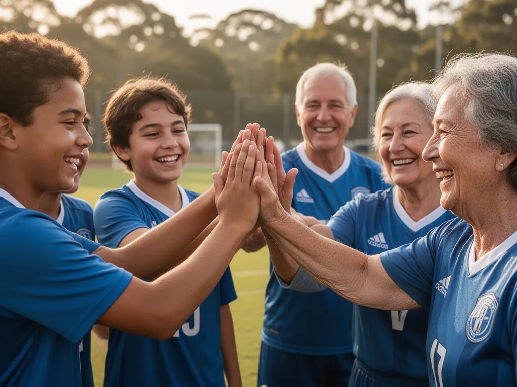 Team members and parents celebrating together with genuine smiles and high-fives in close detail