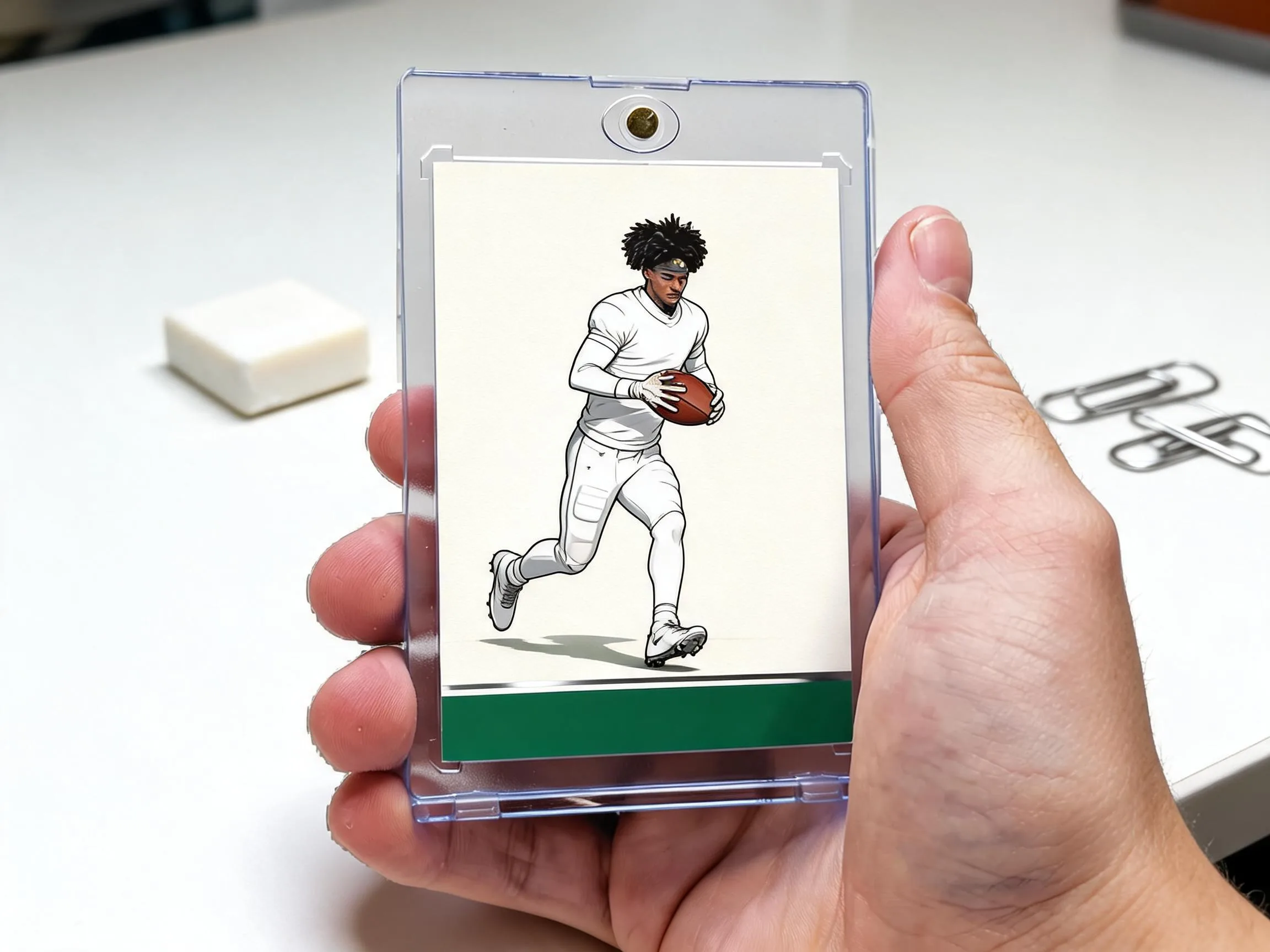 Custom keepsake trading card displayed in clear magnetic case on tabletop.