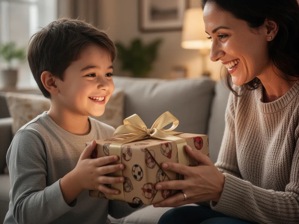 Parent giving wrapped sports gift to excited child indoors with warm lighting and genuine happiness