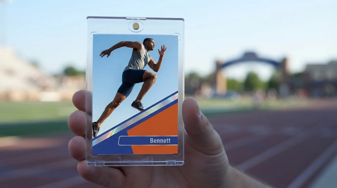 Hand holding magnetic case with groomsman proposal cards featuring a sprinting athlete card design.