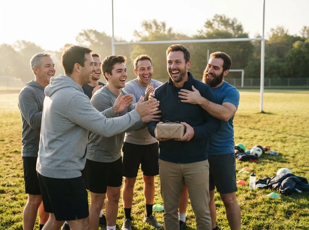 Athlete smiling in surprise while friends celebrate a gift-giving moment on a sports field.