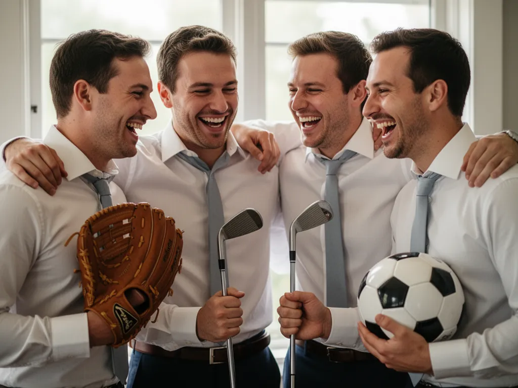 Four groomsmen huddled together laughing while holding different sports equipment indoors