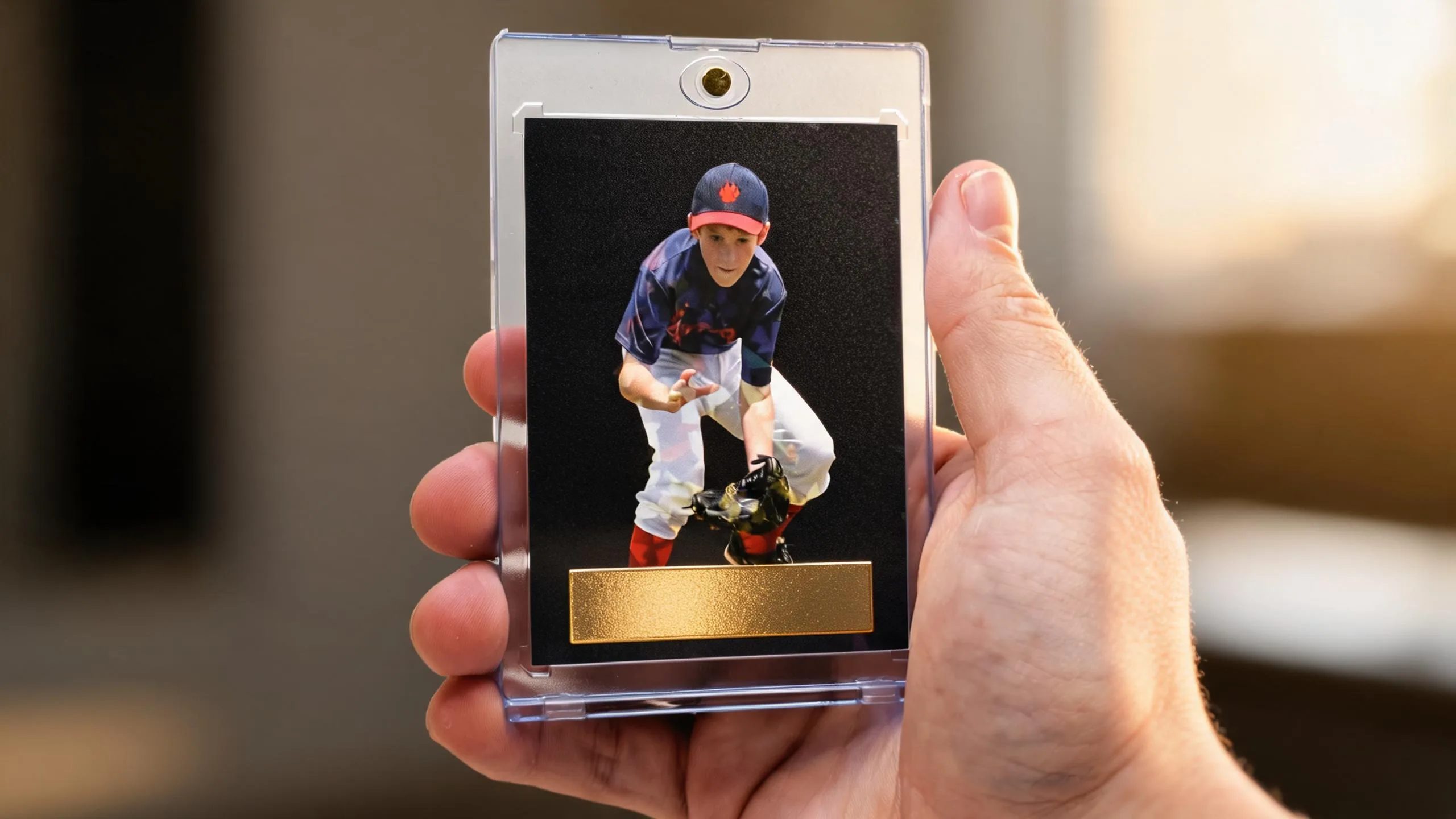 Hand holding magnetic case with premium dark athlete card, gymnasium banners softly glowing behind in warm light.