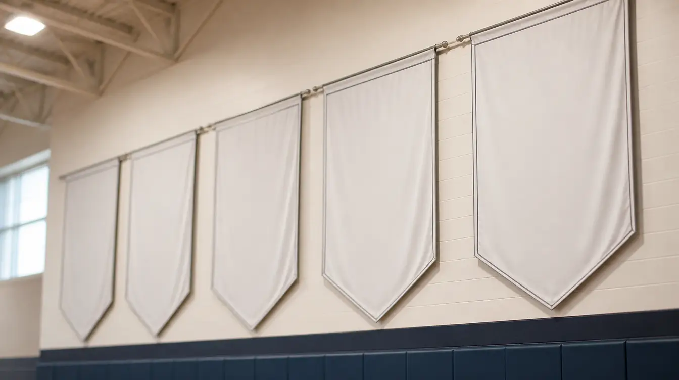 Blank fabric championship banners hanging high on a gymnasium wall