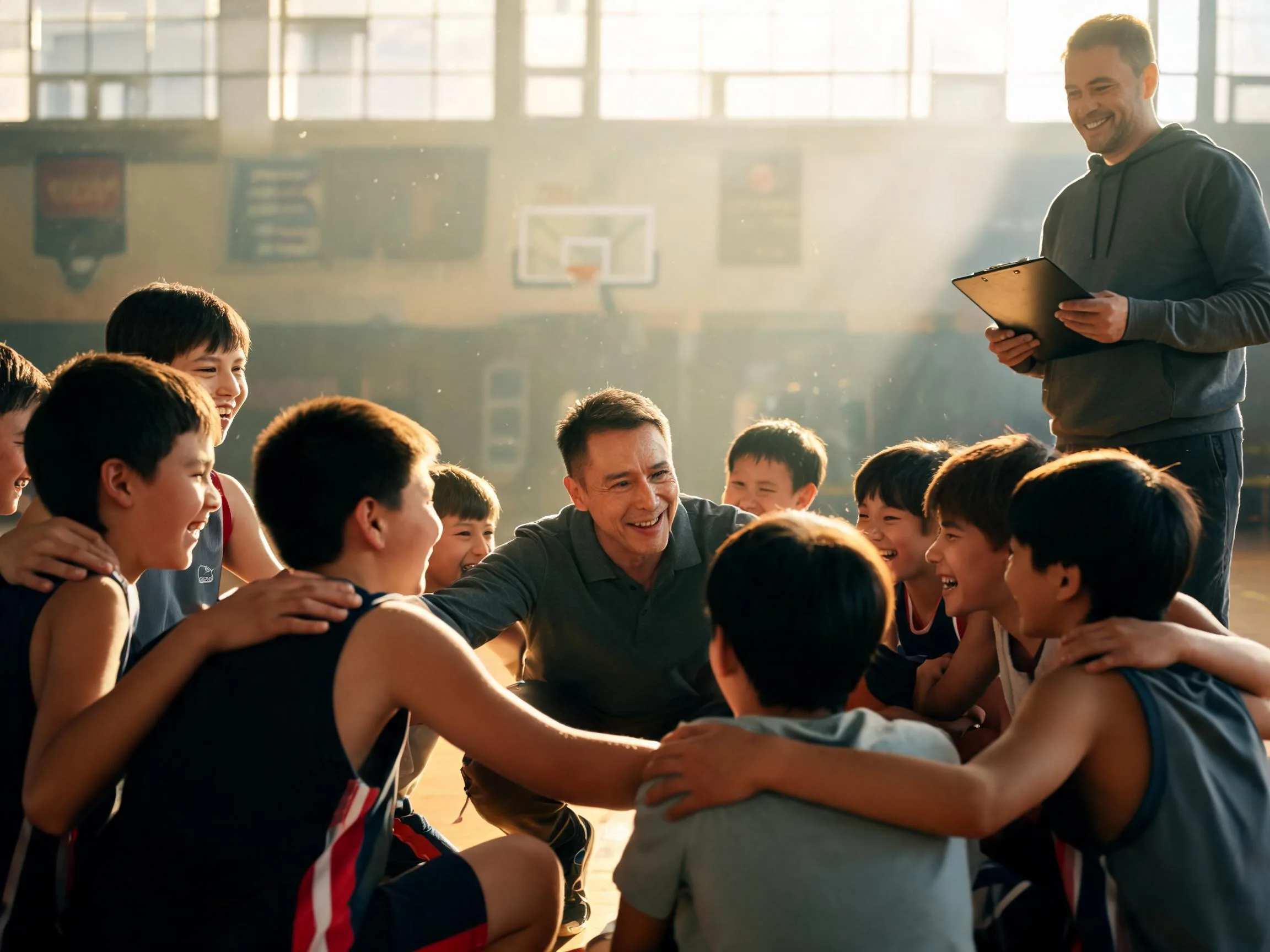 Coach and mixed-age youth team share a warm huddle moment in sunlit gymnasium.