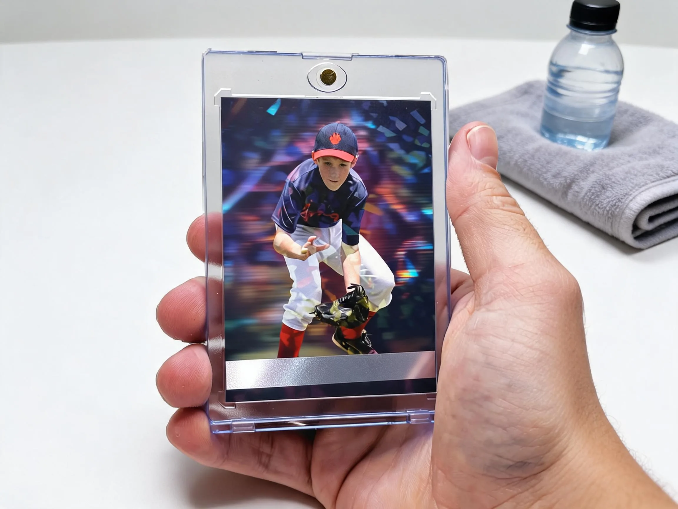 Custom keepsake trading card in magnetic case showing full-bleed chrome action photo design.