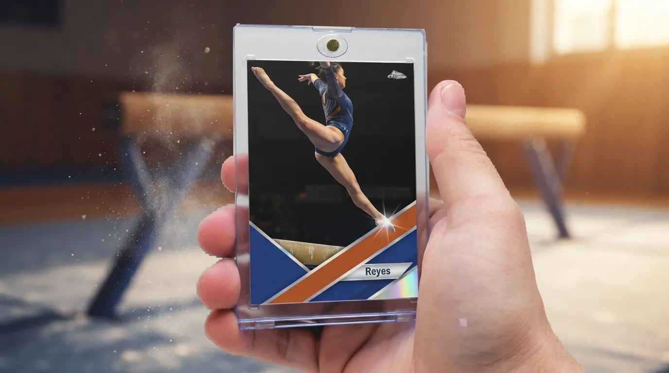 Hand holding magnetic case with gymnastics trading cards featuring a gymnast leaping on balance beam.