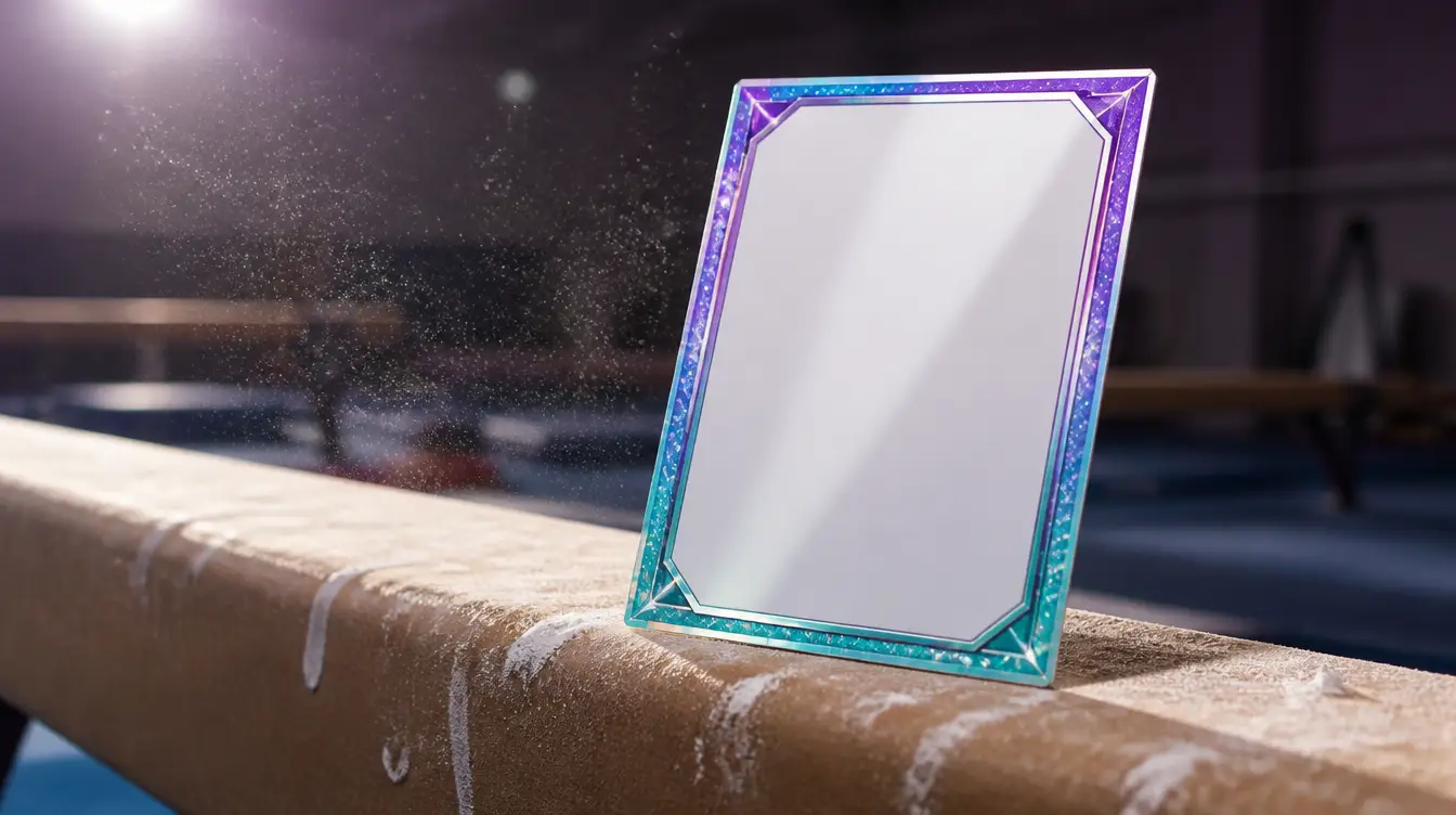 A blank trading card with a sparkling border resting on a gymnastics balance beam with chalk dust