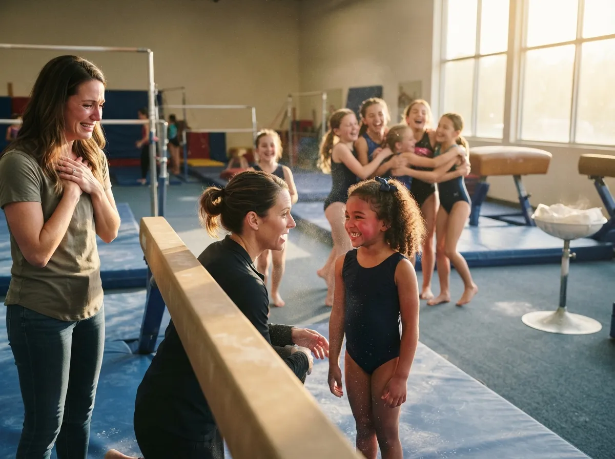 Coach and young gymnast share a proud emotional moment beside balance beam with teammates celebrating.