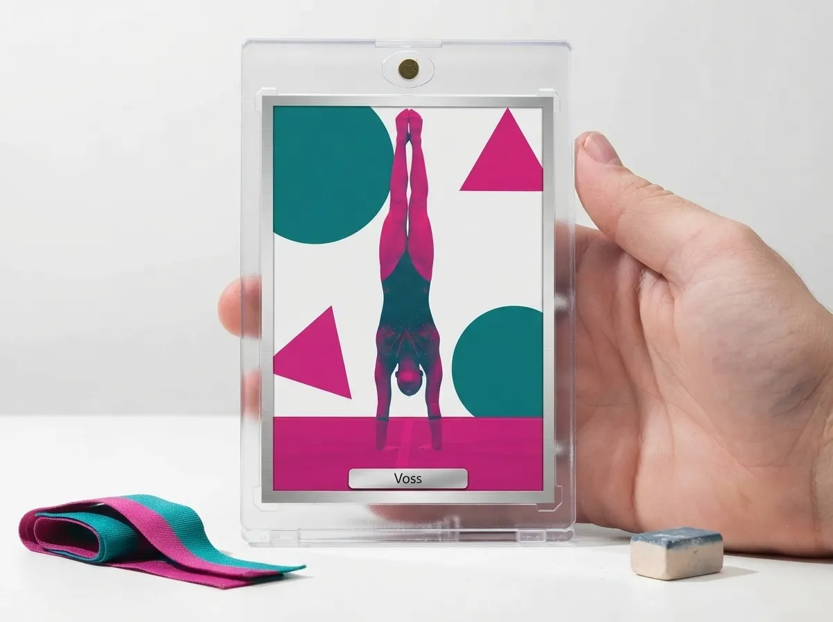 Custom gymnastics trading card in magnetic case showing duotone gymnast handstand design.