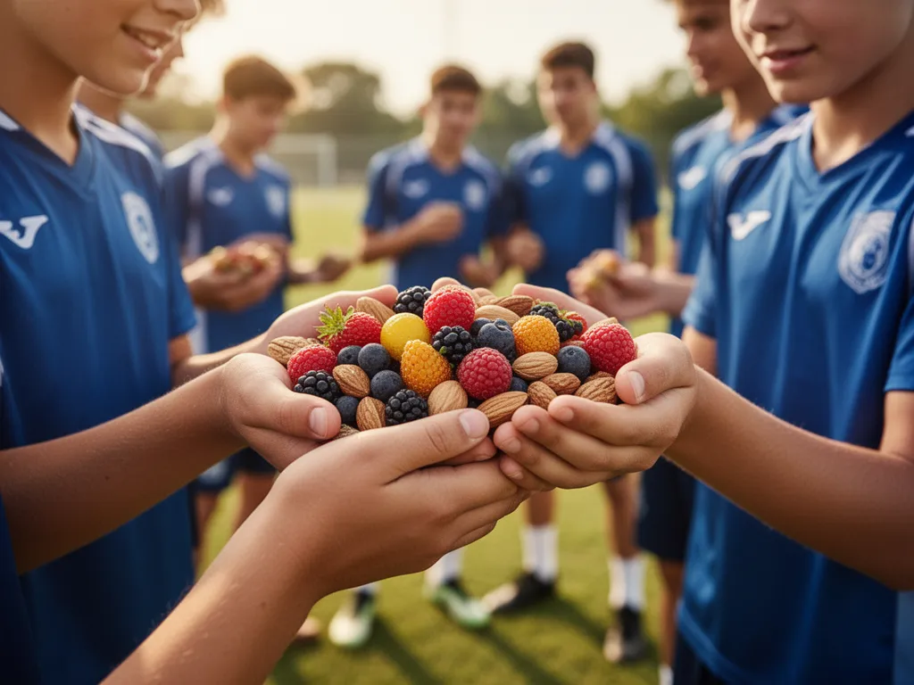 Young athlete holding fresh berries and nuts during training break with teammates in background