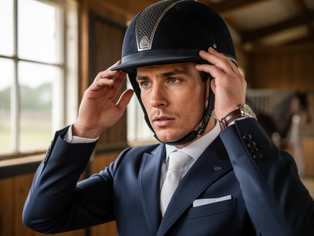 Polo player in formal attire focusing intently while preparing helmet before competition.