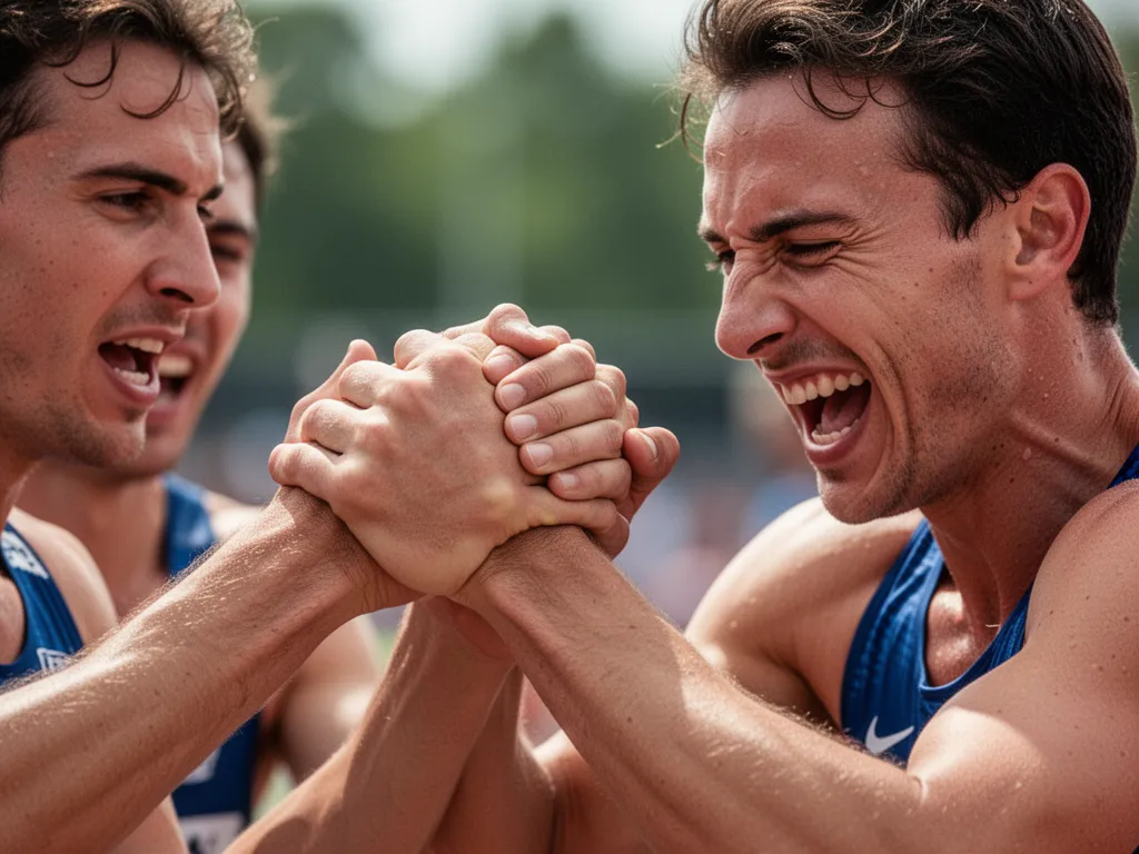 [Athletes' focused expressions and hands showing determination and passion during competitive sports moment]