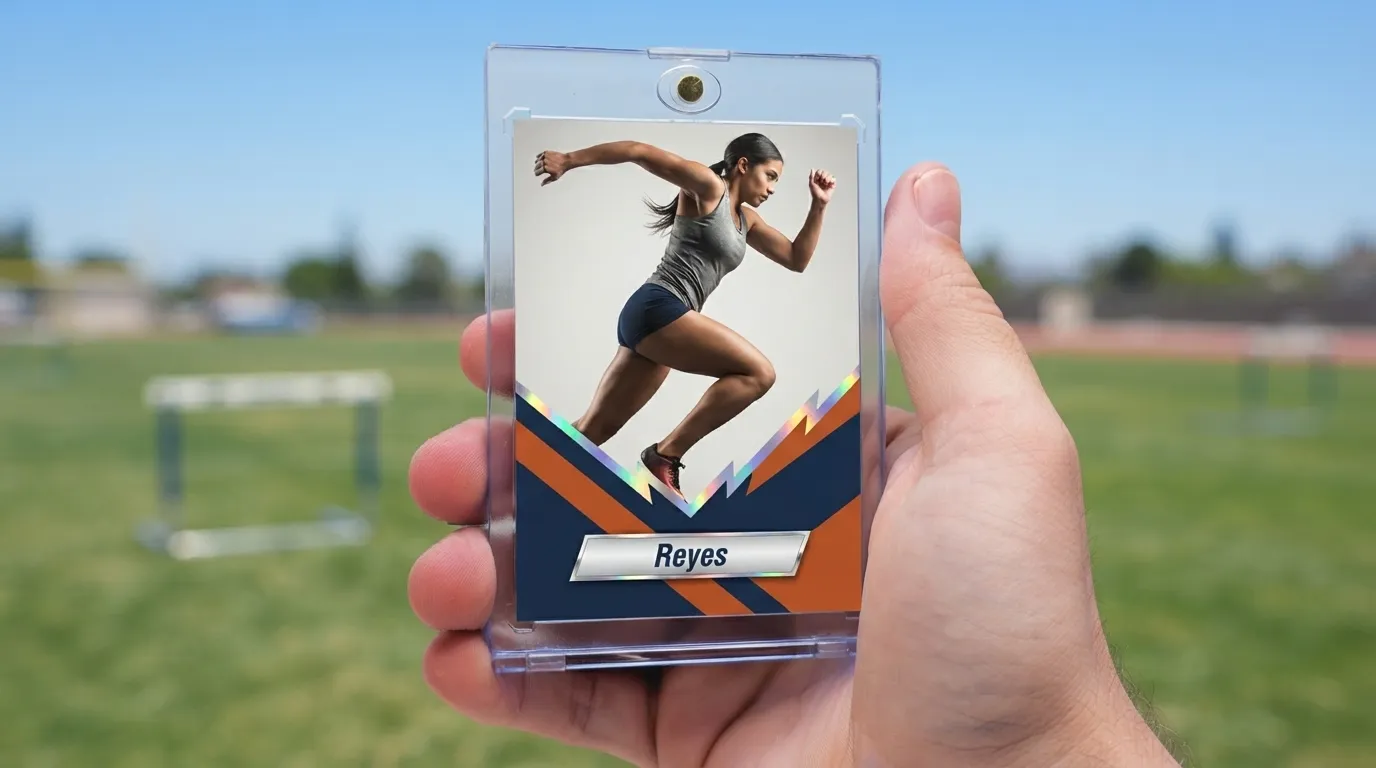 Hand holds magnetic case with sprinter card, a bold high school graduation gift ideas keepsake.