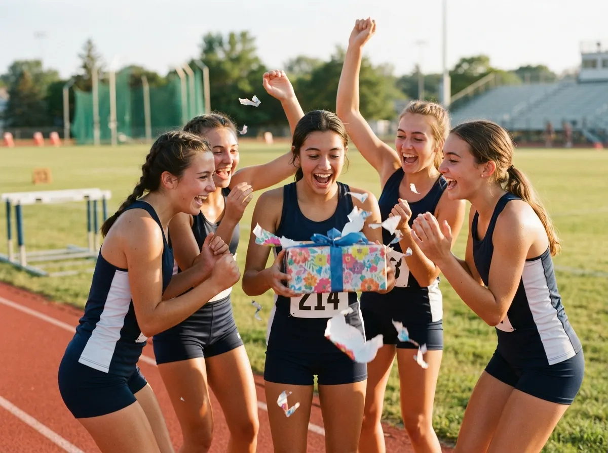 Teen athletes celebrate as friend unwraps a surprise graduation gift on sunny field.