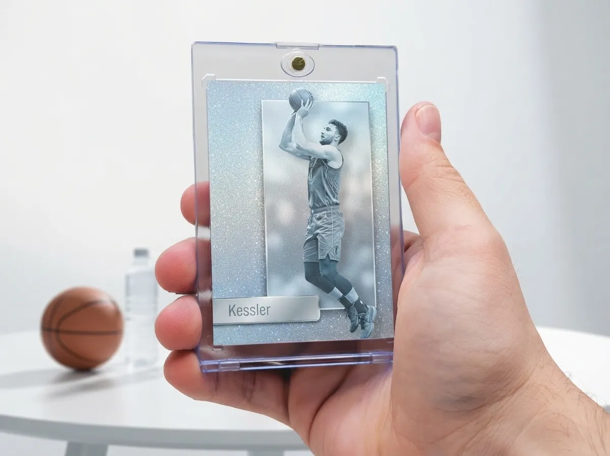 Hand holds magnetic case displaying an icy blue refractor basketball trading card gift.