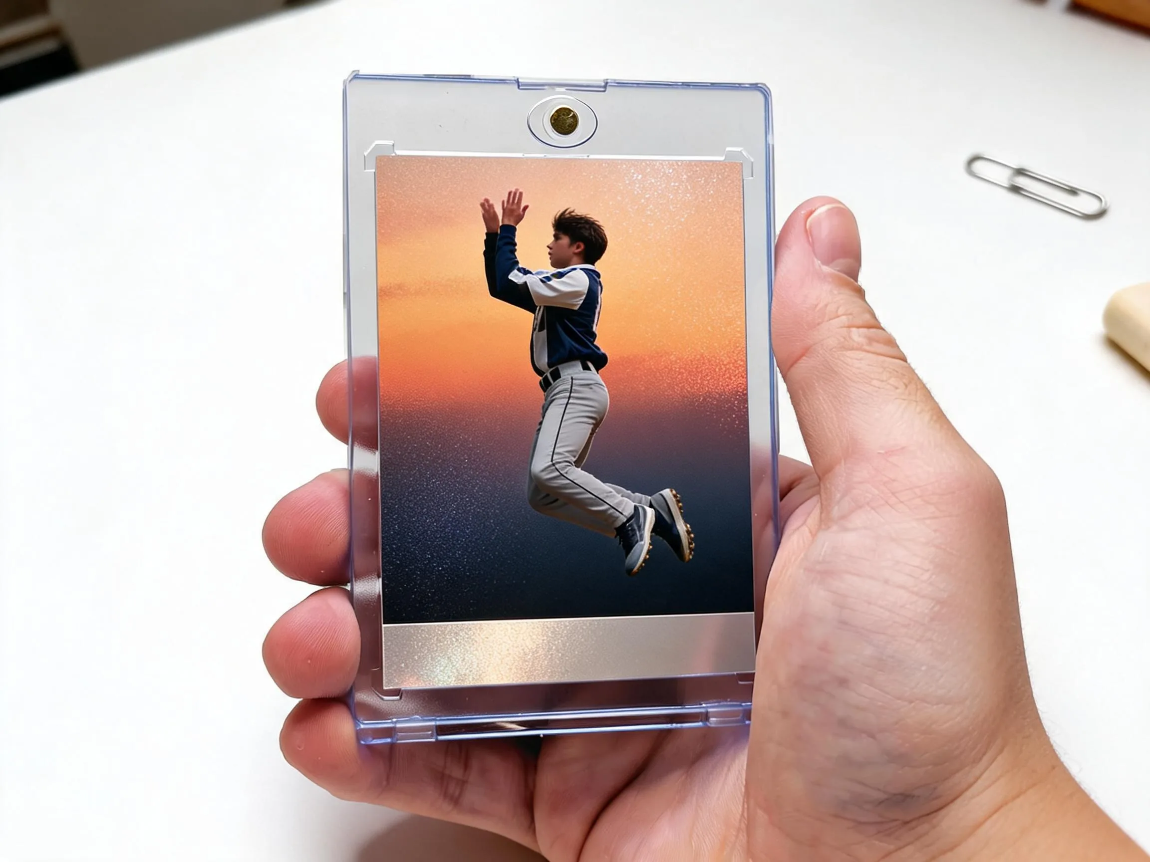 Custom keepsake trading card in magnetic case standing on white tabletop display