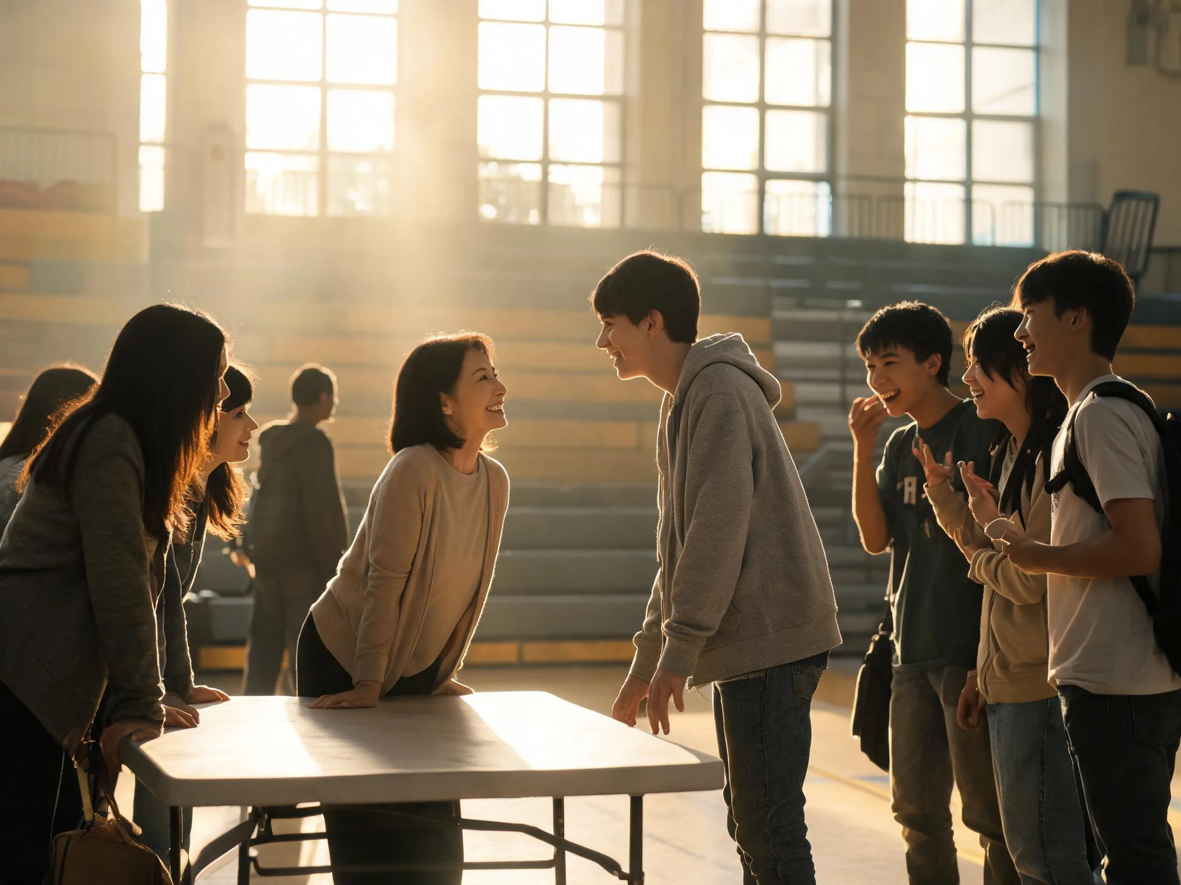 Parents and teenagers sharing a warm candid moment at a school fundraising event.