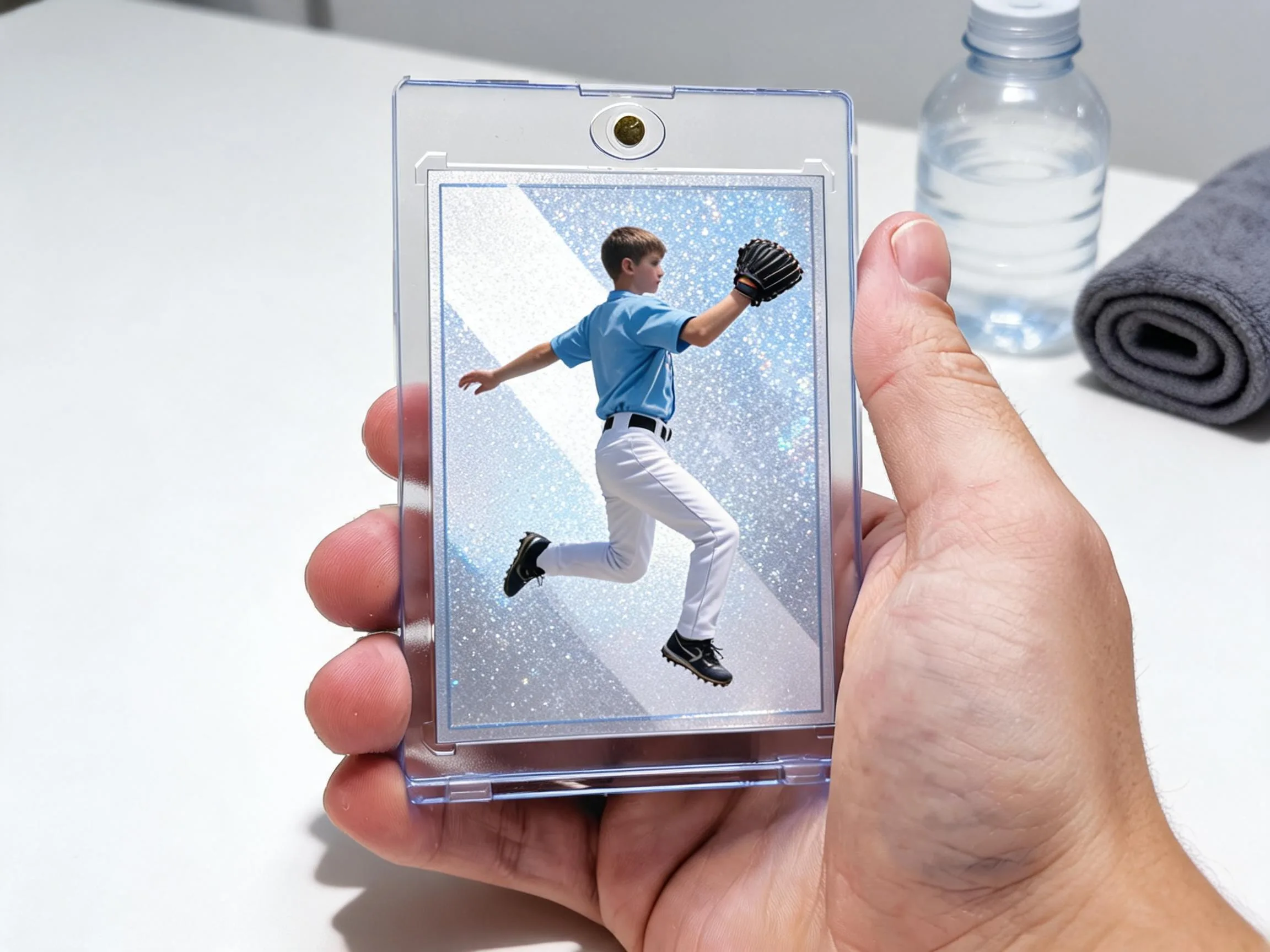 Custom keepsake trading card in magnetic case, silver-blue refractor design, close-up product shot.