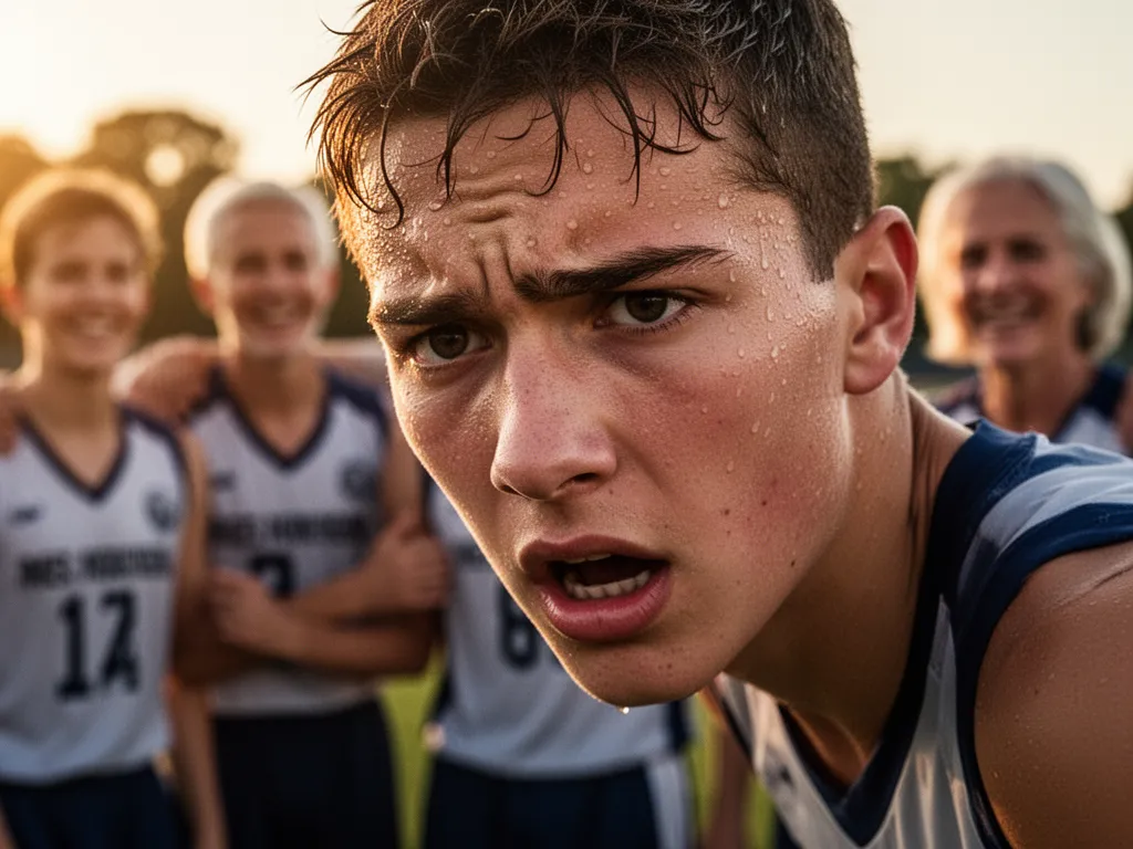 Close-up of determined young athlete's sweating face during intense competition with supportive family blurred behind