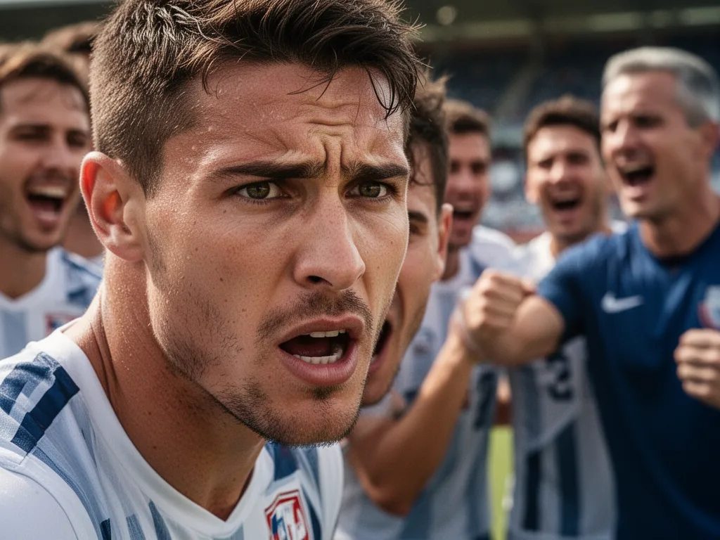 Athlete's determined face during competition with blurred teammates and coaches supporting in background