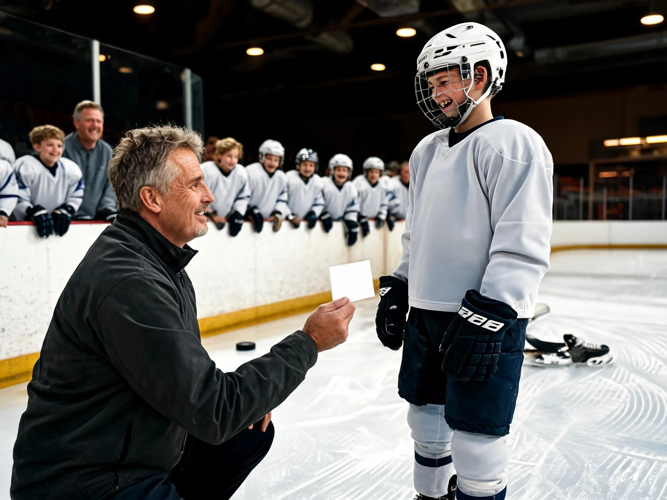 Coach shares proud moment with young hockey player rinkside after practice
